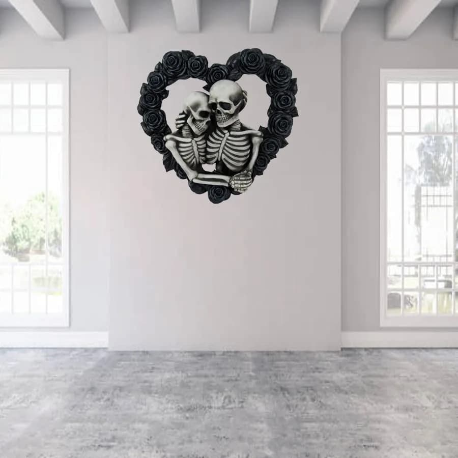 DWK Love Eternal Skeleton Couple Black Rose Wreath Wall Sculpture 34 cm (13.5" W x 12.5" H x 2.5" D) | Hand-Painted Resin Decor thumbnail 8
