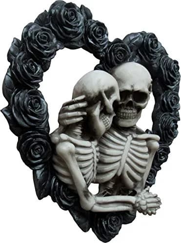 DWK Love Eternal Skeleton Couple Black Rose Wreath Wall Sculpture 34 cm (13.5" W x 12.5" H x 2.5" D) | Hand-Painted Resin Decor thumbnail 2