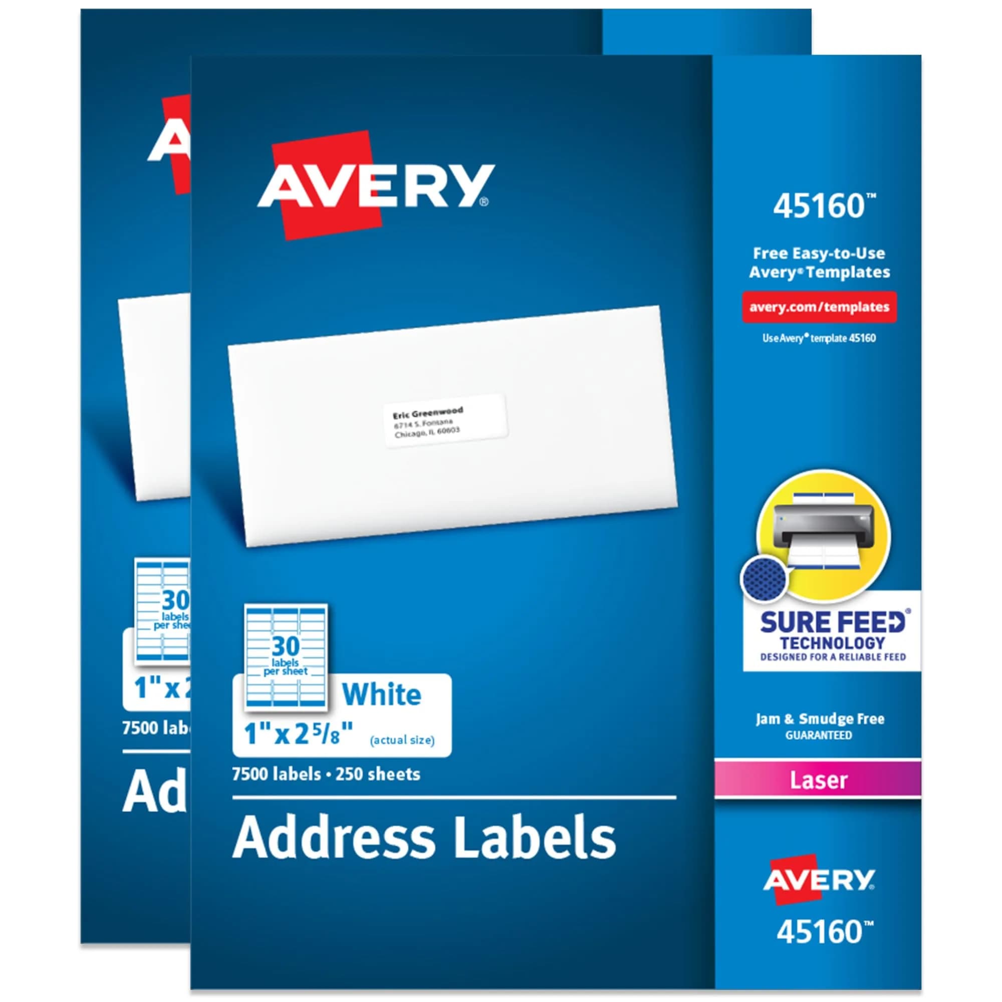 Avery Printable Address Labels with Sure Feed, 1" x 2-5/8" Customizable Stickers, White, 15,000 Labels Total (2-Pack)