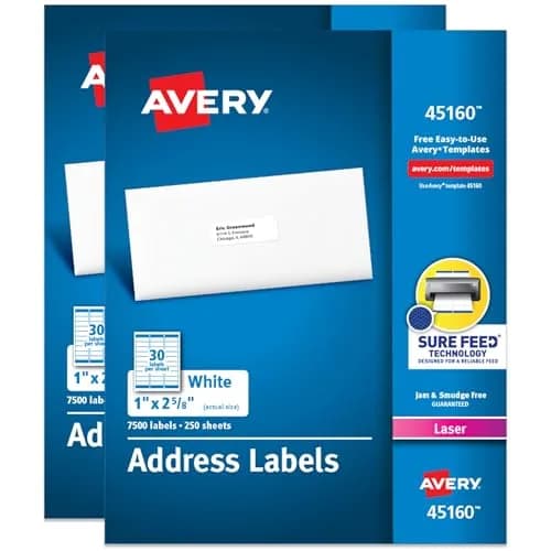 Avery Printable Address Labels with Sure Feed, 1" x 2-5/8" Customizable Stickers, White, 15,000 Labels Total (2-Pack) thumbnail 1