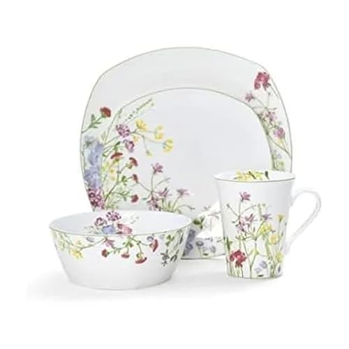 Mikasa Wildflower Garden Bone China Dinnerware Set, 16-Piece Service for 4, Square Plates and Bowls with Mugs | Floral Design thumbnail 1