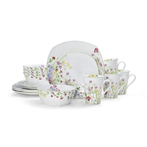 Mikasa Wildflower Garden Bone China Dinnerware Set, 16-Piece Service for 4, Square Plates and Bowls with Mugs | Floral Design thumbnail 2