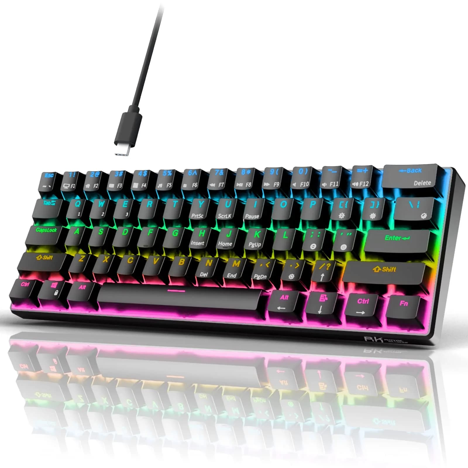 RK ROYAL KLUDGE RK61 Wired 60% Mechanical Gaming Keyboard with Hot-Swappable Blue Switches & RGB Backlighting | Programmable QMK/VIA