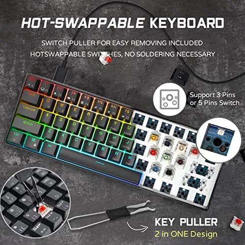 RK ROYAL KLUDGE RK61 Wired 60% Mechanical Gaming Keyboard with Hot-Swappable Blue Switches & RGB Backlighting | Programmable QMK/VIA thumbnail 3