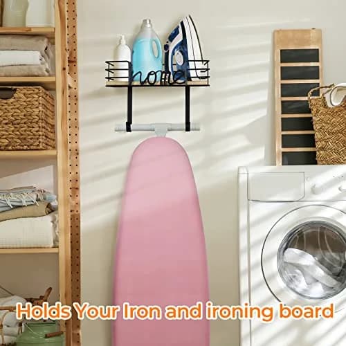 TJ.MOREE Ironing Board Hanger Wall Mount with Wooden Basket & Hooks | Space-Saving Laundry Organizer thumbnail 2