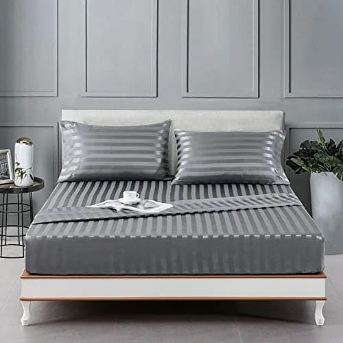 Lanest Housing Satin Sheets Set Full Size Grey Striped 4 Piece | Silky Soft Cooling Comfort for All Seasons thumbnail 1