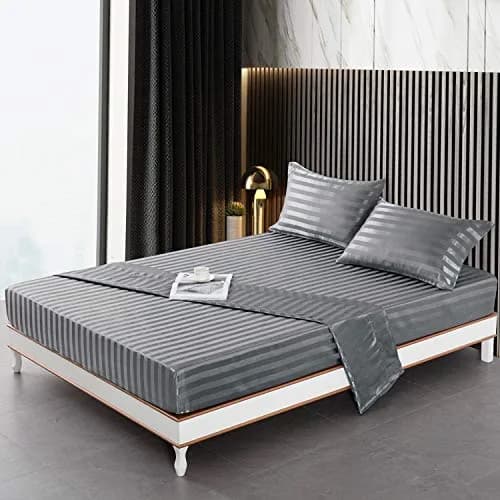 Lanest Housing Satin Sheets Set Full Size Grey Striped 4 Piece | Silky Soft Cooling Comfort for All Seasons thumbnail 2