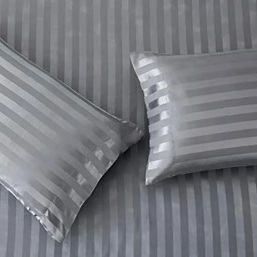 Lanest Housing Satin Sheets Set Full Size Grey Striped 4 Piece | Silky Soft Cooling Comfort for All Seasons thumbnail 3