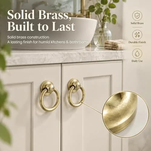 LC LICTOP Brass Drop Ring Pulls, 1.6 Inch Antique, 2Pcs | Vintage Brass Cabinet Handles with Ergonomic Ring thumbnail 4