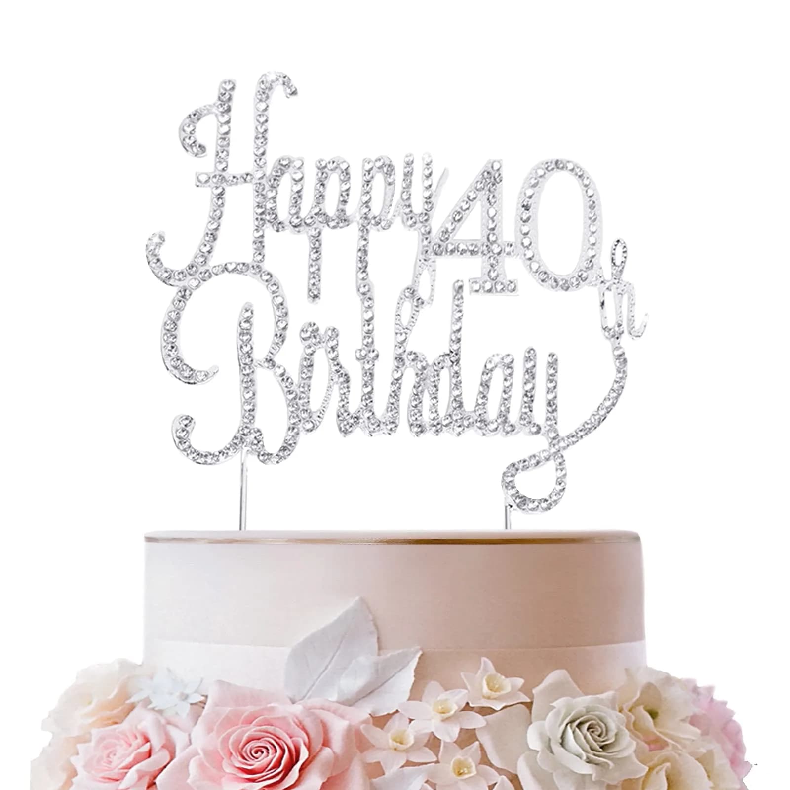 LINGTEER Happy 40th Birthday Silver Sparkly Rhinestone Cake Topper 21.6 cm (8.5") High | Cheers to Forty Years Old Bday Gift Keepsake Party Decoration - main product image
