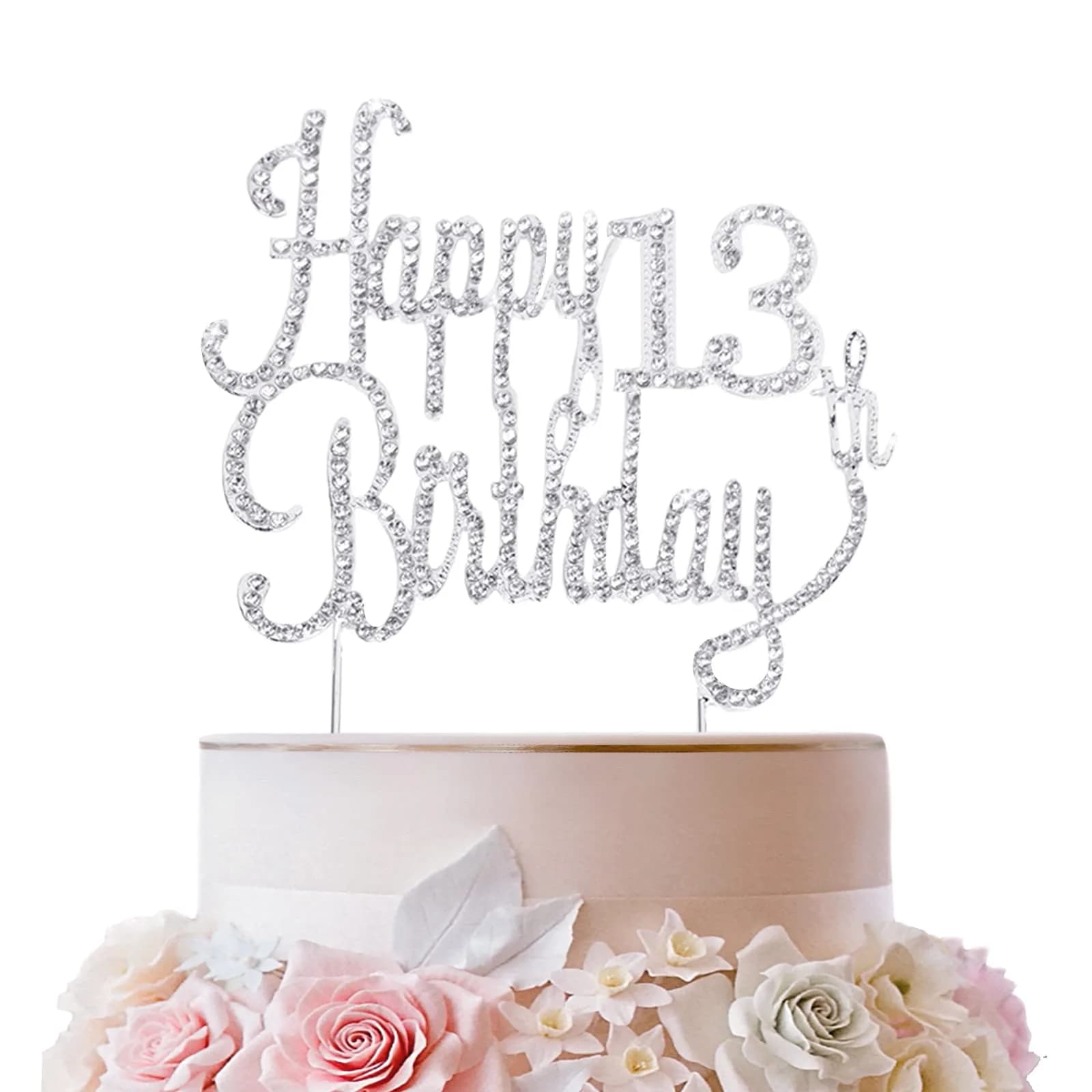 LINGTEER Happy 13th Birthday Silver Sparkly Rhinestone Cake Topper | Cheers to Thirteen Years Old - main product image