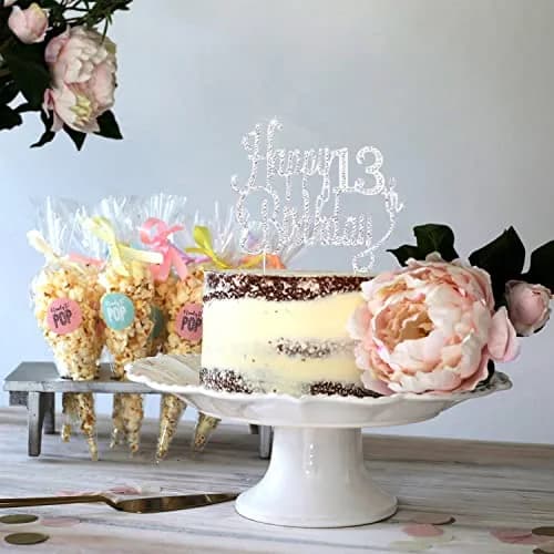 LINGTEER Happy 13th Birthday Silver Sparkly Rhinestone Cake Topper | Cheers to Thirteen Years Old thumbnail 4