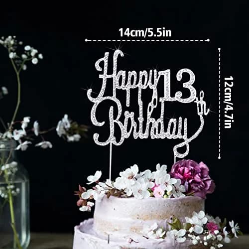 LINGTEER Happy 13th Birthday Silver Sparkly Rhinestone Cake Topper | Cheers to Thirteen Years Old thumbnail 2