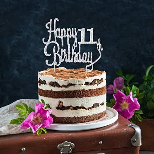 LINGTEER Happy 11th Birthday Silver Sparkly Rhinestone Cake Topper | Cheers to Eleven Years Old thumbnail 5