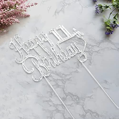 LINGTEER Happy 11th Birthday Silver Sparkly Rhinestone Cake Topper | Cheers to Eleven Years Old thumbnail 3