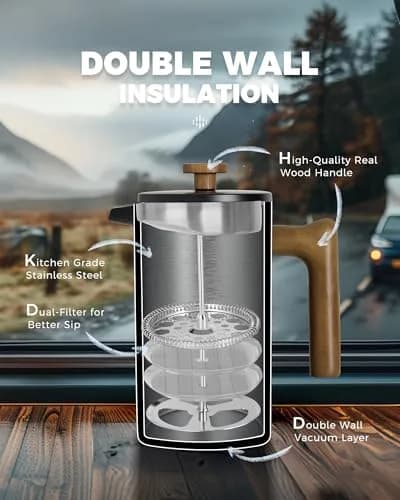 POLIVIAR French Press Coffee Maker 34 oz | Double Wall Insulation & Real Wood Handle thumbnail 5
