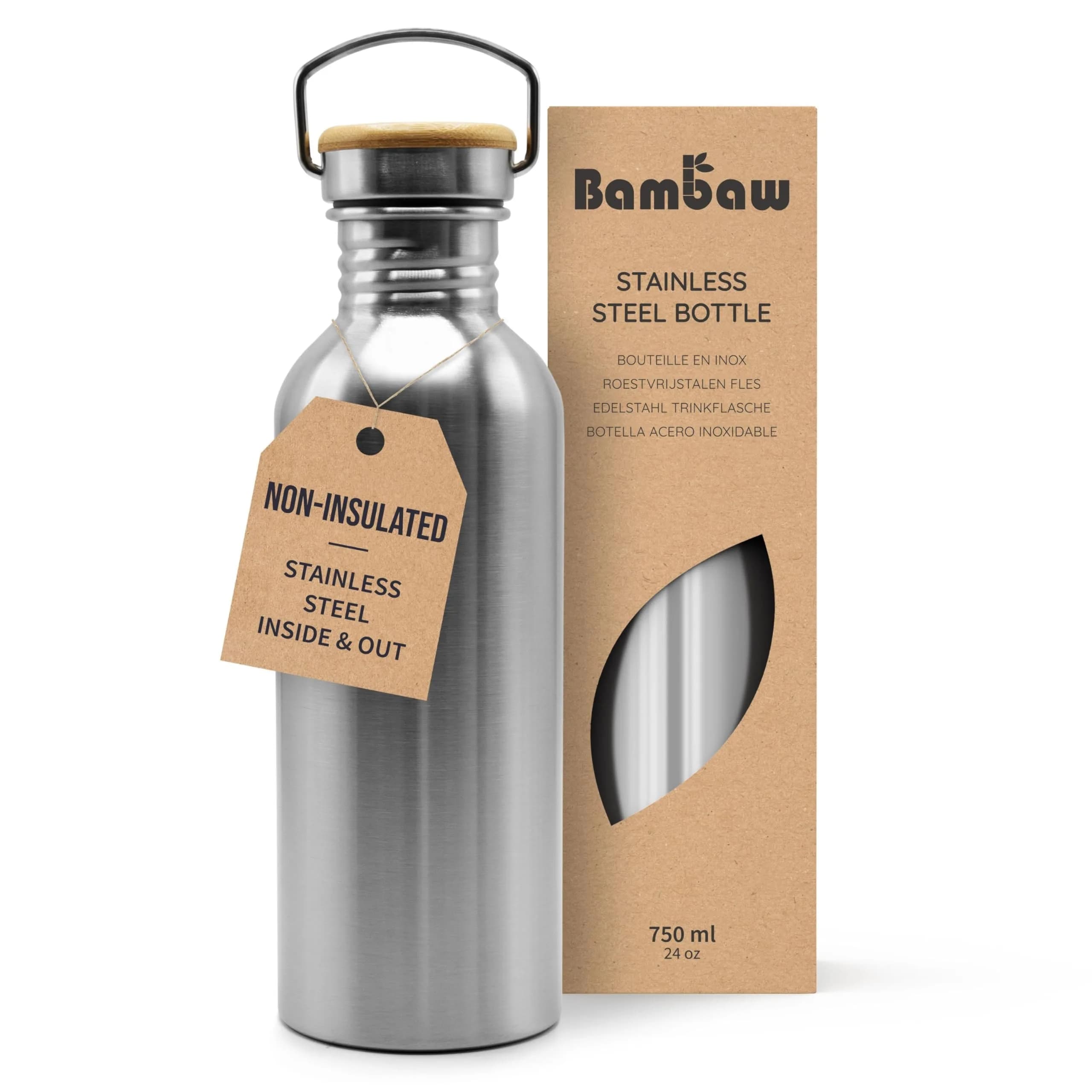 Bambaw Water Bottle 500 ml Eco Non-Insulated Stainless Steel Sports Bottle BPA-Free | Minimalist, Leakproof & Eco-Friendly — Silver / 24 oz
