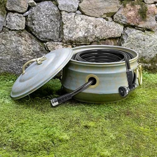 Good Directions Sedona Hose Pot with Lid, Brass Accents, 17.5"L x 17.5"W x 13.5"H | Holds up to 100-Feet of Hose thumbnail 3