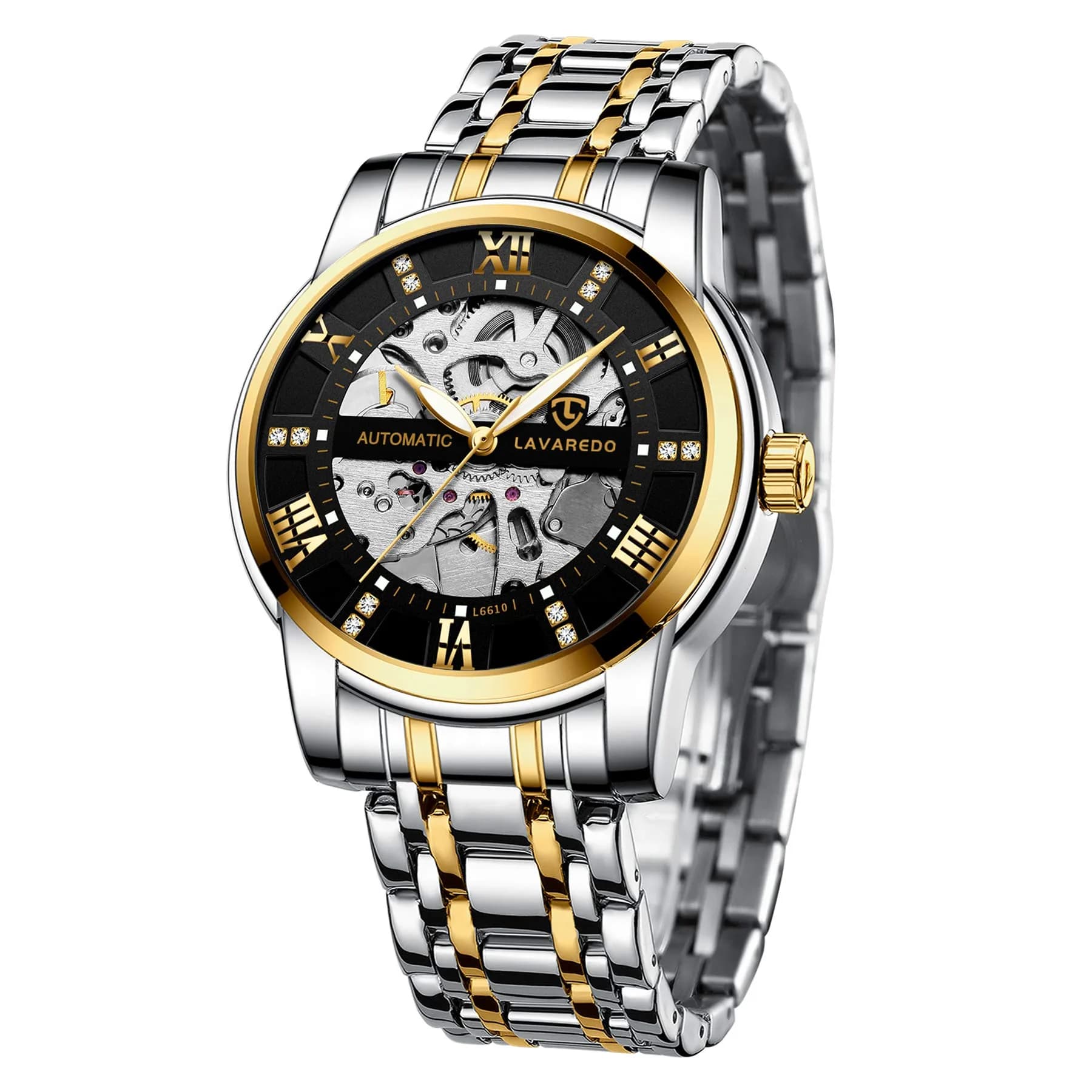 A ALPS Automatic Mechanical Watch for Men, 41mm Stainless Steel Skeleton Dial | 30M Waterproof — Gold Black.Silver Movement