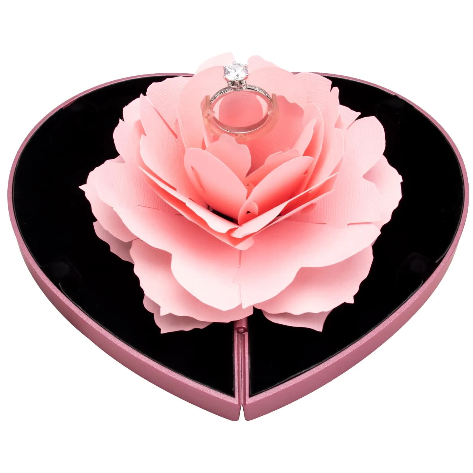 wonuu Engagement Ring Box, Heart Shaped Rose Box with Flannel Lining | Surprise Jewelry Storage Holder for Proposal, Engagement, Wedding Gift (Pink)