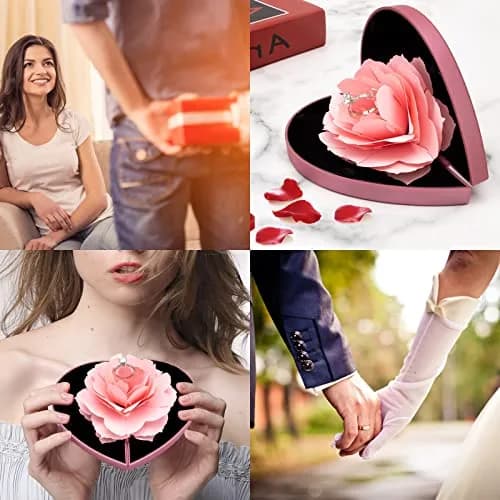 wonuu Engagement Ring Box, Heart Shaped Rose Box with Flannel Lining | Surprise Jewelry Storage Holder for Proposal, Engagement, Wedding Gift (Pink) thumbnail 5