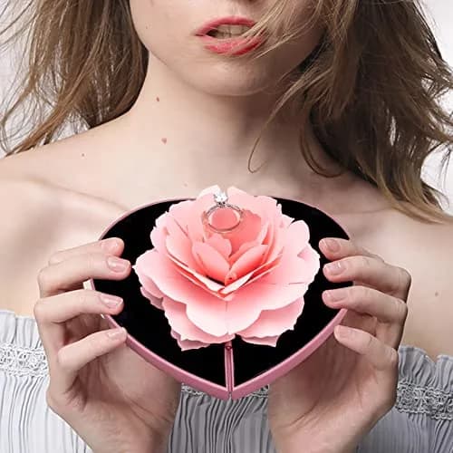 wonuu Engagement Ring Box, Heart Shaped Rose Box with Flannel Lining | Surprise Jewelry Storage Holder for Proposal, Engagement, Wedding Gift (Pink) thumbnail 3