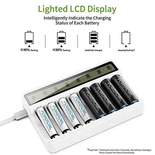 POWEROWL 8 Bay AA AAA Battery Charger with LCD Display & USB Input | Charges Ni-MH Ni-CD Rechargeable Batteries thumbnail 6