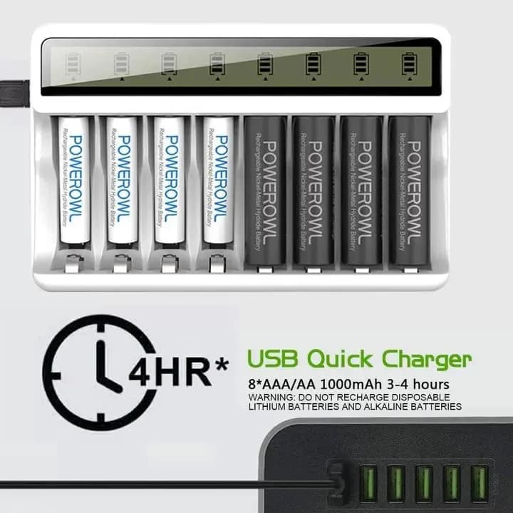 POWEROWL 8 Bay AA AAA Battery Charger with LCD Display & USB Input | Charges Ni-MH Ni-CD Rechargeable Batteries thumbnail 4