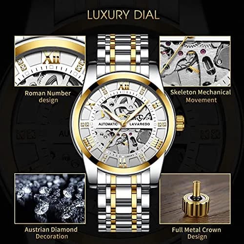 A ALPS Mens Watch, Automatic Self-Winding Mechanical Waterproof Watch | Luxurious Skeleton Dial, 41mm, Silver Strap thumbnail 2