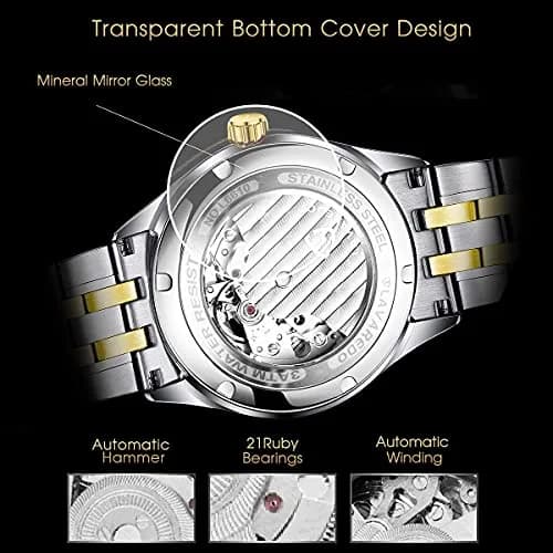 A ALPS Mens Watch, Automatic Self-Winding Mechanical Waterproof Watch | Luxurious Skeleton Dial, 41mm, Silver Strap thumbnail 3