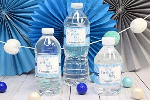 Amanda Creation First Holy Communion Water Bottle Wrappers for Boys 20 Pack 17.5cm (8.5"x1.75") | Catholic Sacrament Party Decorations thumbnail 2