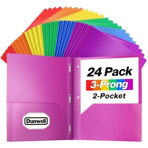Dunwell Plastic 2-Pocket Folders with 3 Prongs Assorted 24 Pack | Durable, Water-Resistant, School & Office Use thumbnail 1