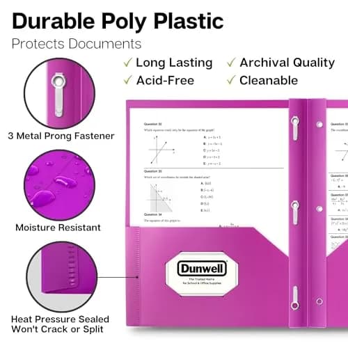 Dunwell Plastic 2-Pocket Folders with 3 Prongs Assorted 24 Pack | Durable, Water-Resistant, School & Office Use thumbnail 2