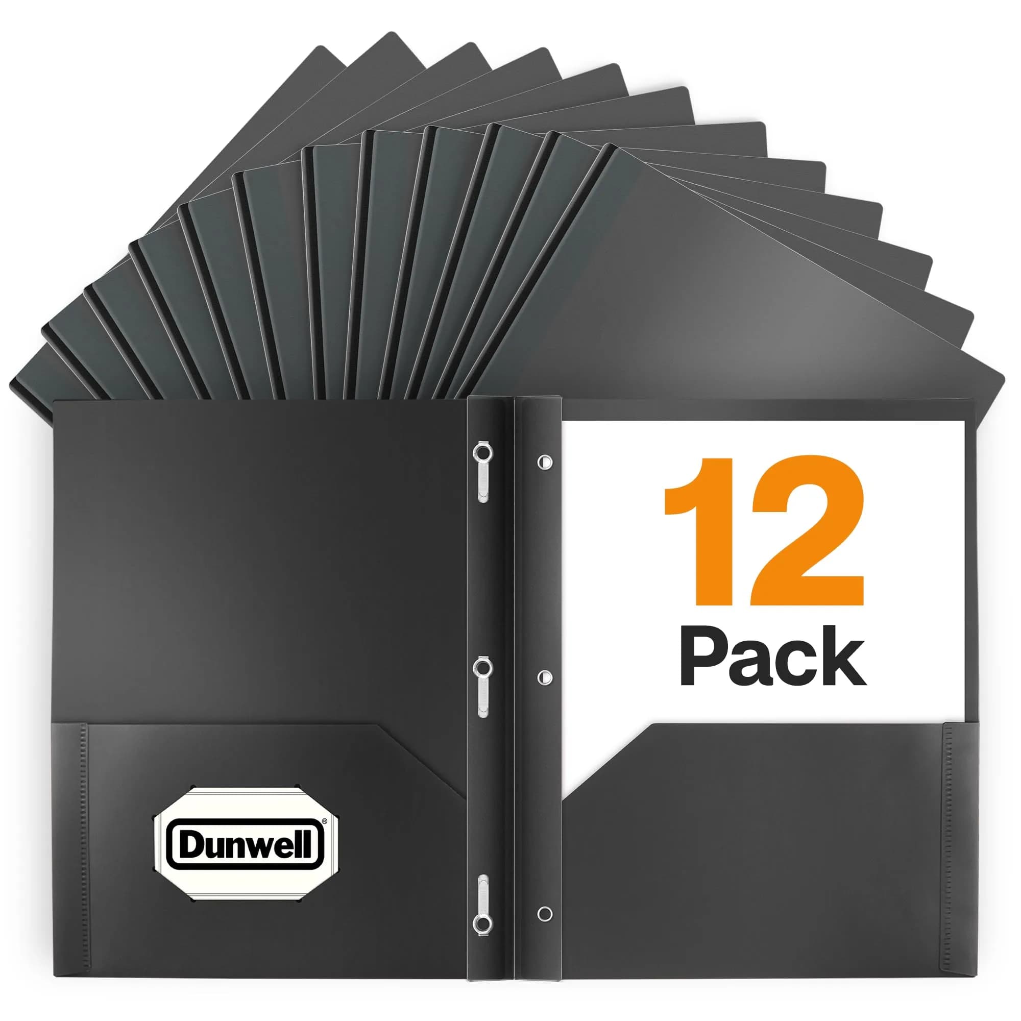 Dunwell Plastic 2-Pocket Folders with 3 Prongs, Black, 12 Pack (24.1 cm x 29.2 cm) | Acid-Free Poly for Long-Term School & Office Use