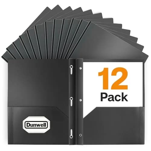 Dunwell Plastic 2-Pocket Folders with 3 Prongs, Black, 12 Pack (24.1 cm x 29.2 cm) | Acid-Free Poly for Long-Term School & Office Use thumbnail 1