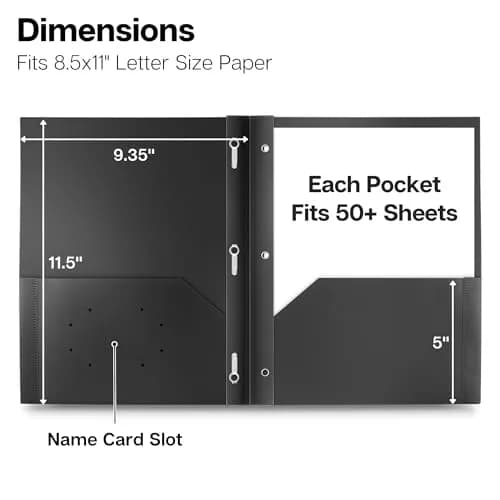 Dunwell Plastic 2-Pocket Folders with 3 Prongs, Black, 12 Pack (24.1 cm x 29.2 cm) | Acid-Free Poly for Long-Term School & Office Use thumbnail 3