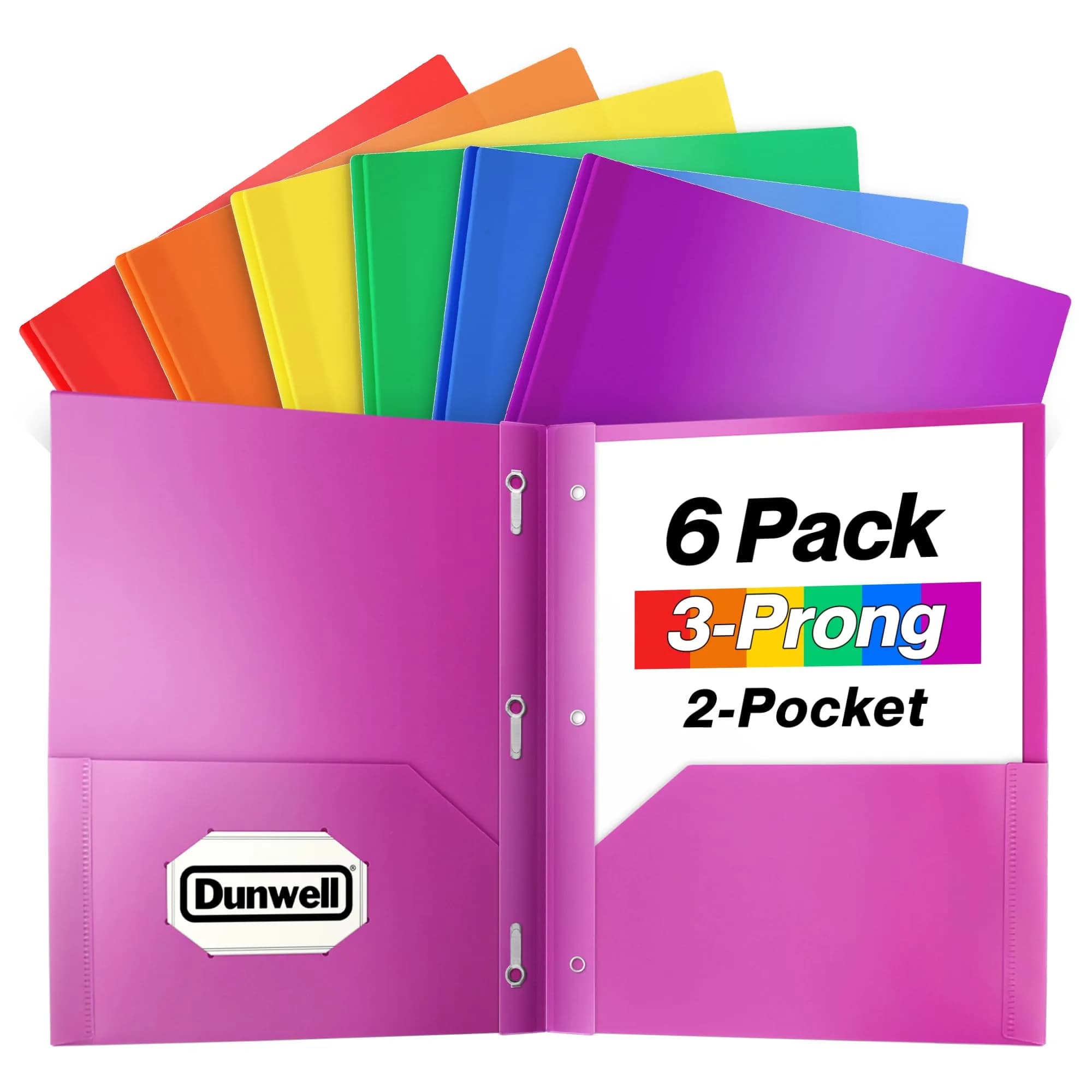 Dunwell Plastic 2-Pocket Folders with 3 Prongs Assorted 6 Pack | Durable, Water-Resistant, Ideal for School & Office - main product image