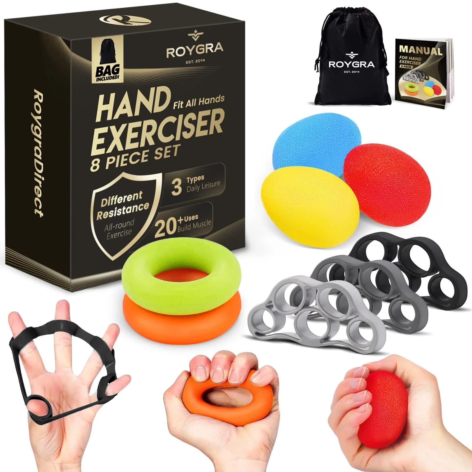 roygra Grip Strength Trainer (8 Pack) | Hand & Finger Exercise Devices for All Ages — Multi