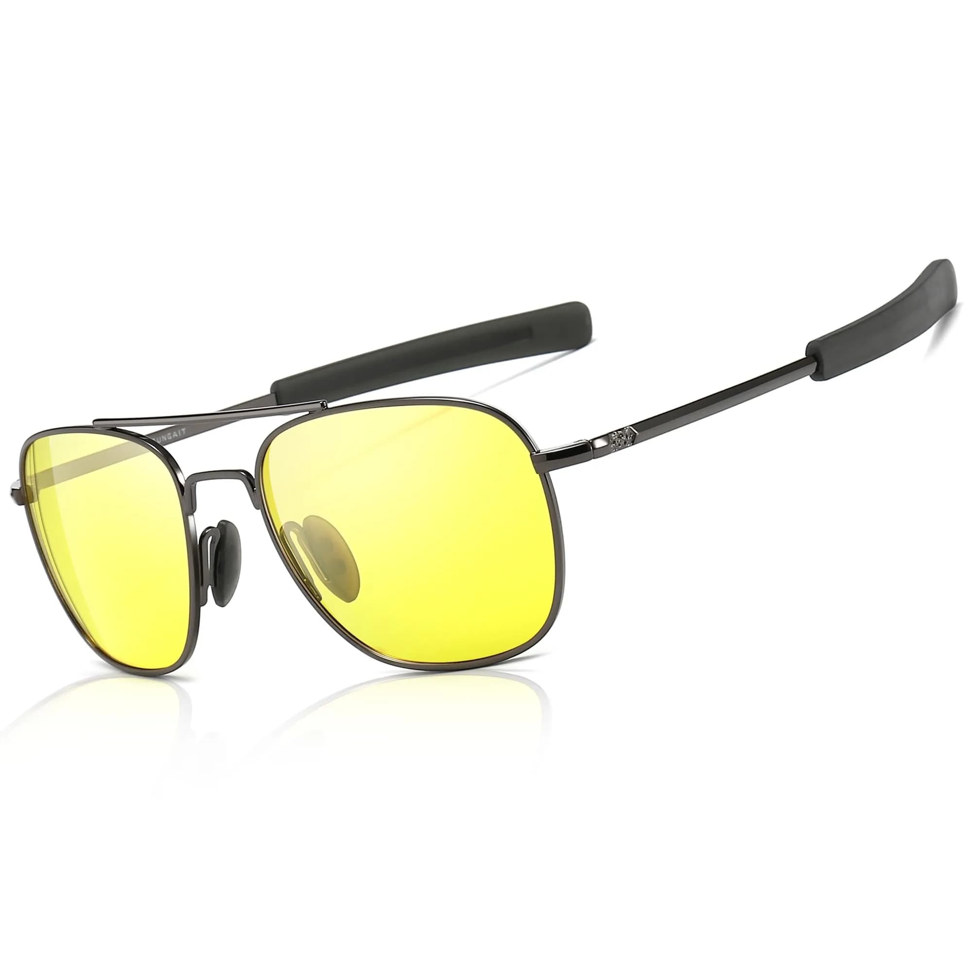 SUNGAIT Men's Military Style Polarized Pilot Aviator Sunglasses Silver Frame/Gray Lens 55mm (2.17in) | UV Protection — Gunmetal/Yellow