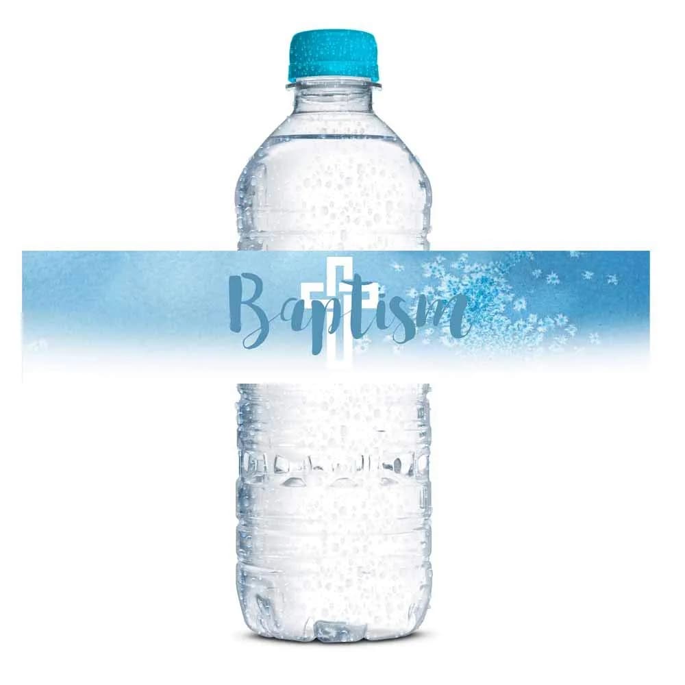 Amanda Creation Blue Watercolor Baptism Water Bottle Labels 20 Count | Waterproof Vinyl Wraps for Boys - main product image