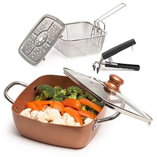 Moss & Stone 5 Qt Copper Deep Fry Pan Set with Fry Basket & Glass Lid, 2.18 kg (4.8 lb) | Induction Compatible, Oven Safe, Dishwasher Safe thumbnail 1