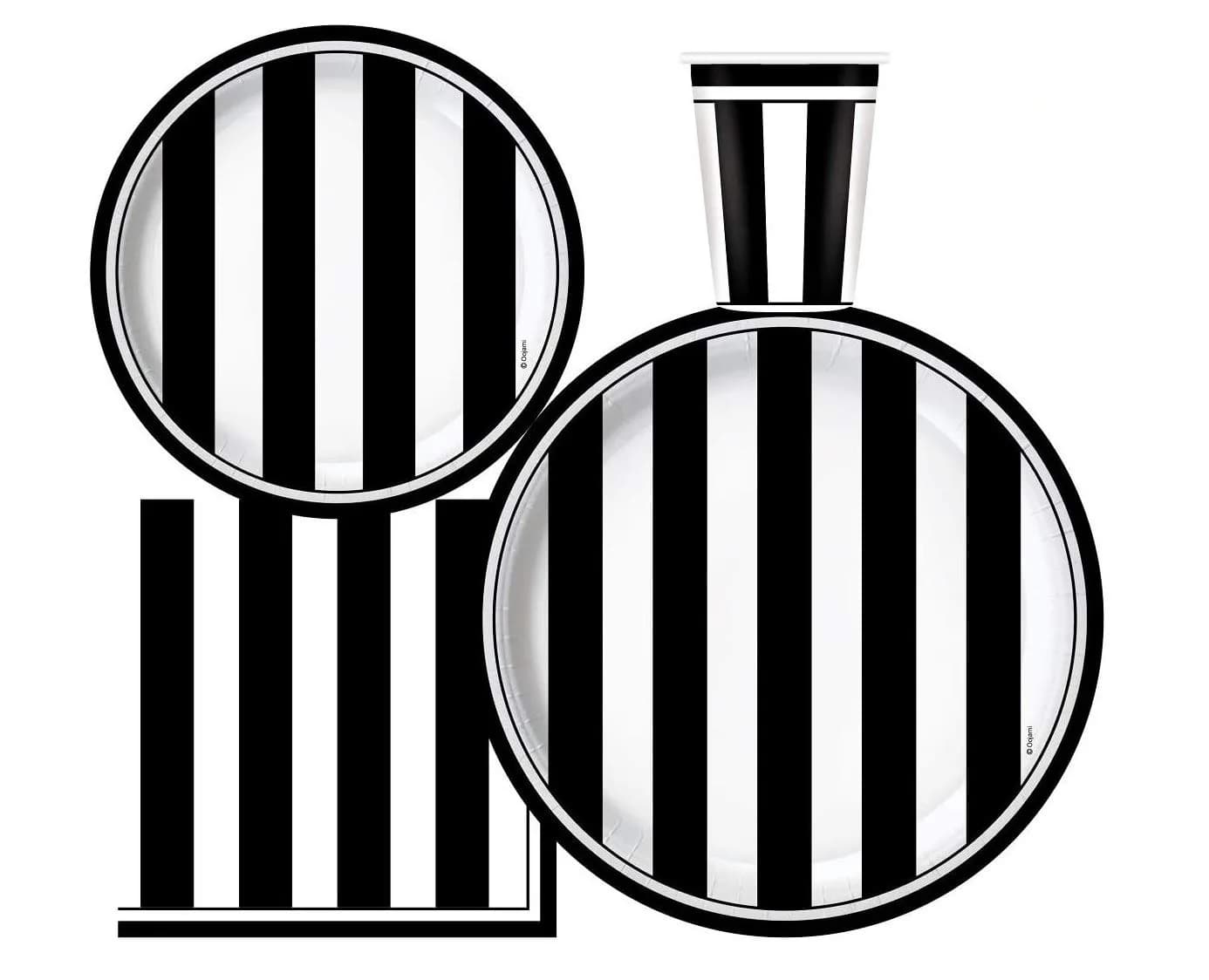 Oojami Black and White Striped Party Supplies for 30 – Disposable Plates, Cups, Napkins Set for Birthday, Wedding, Graduation, Events – 9" Dinner Plates, 7" Dessert Plates, 9 oz Cups, 3-Ply Napkins - main product image