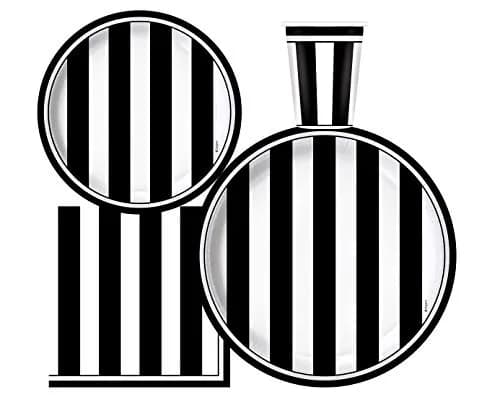 Oojami Black and White Striped Party Supplies for 30 – Disposable Plates, Cups, Napkins Set for Birthday, Wedding, Graduation, Events – 9" Dinner Plates, 7" Dessert Plates, 9 oz Cups, 3-Ply Napkins thumbnail 1