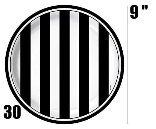 Oojami Black and White Striped Party Supplies for 30 – Disposable Plates, Cups, Napkins Set for Birthday, Wedding, Graduation, Events – 9" Dinner Plates, 7" Dessert Plates, 9 oz Cups, 3-Ply Napkins thumbnail 2