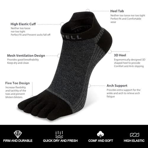 VWELL Cotton Toe Socks Five Finger Socks No Show Crew Athletic Running Socks 4 Pairs | Moisture Wicking & Soft Comfort thumbnail 4