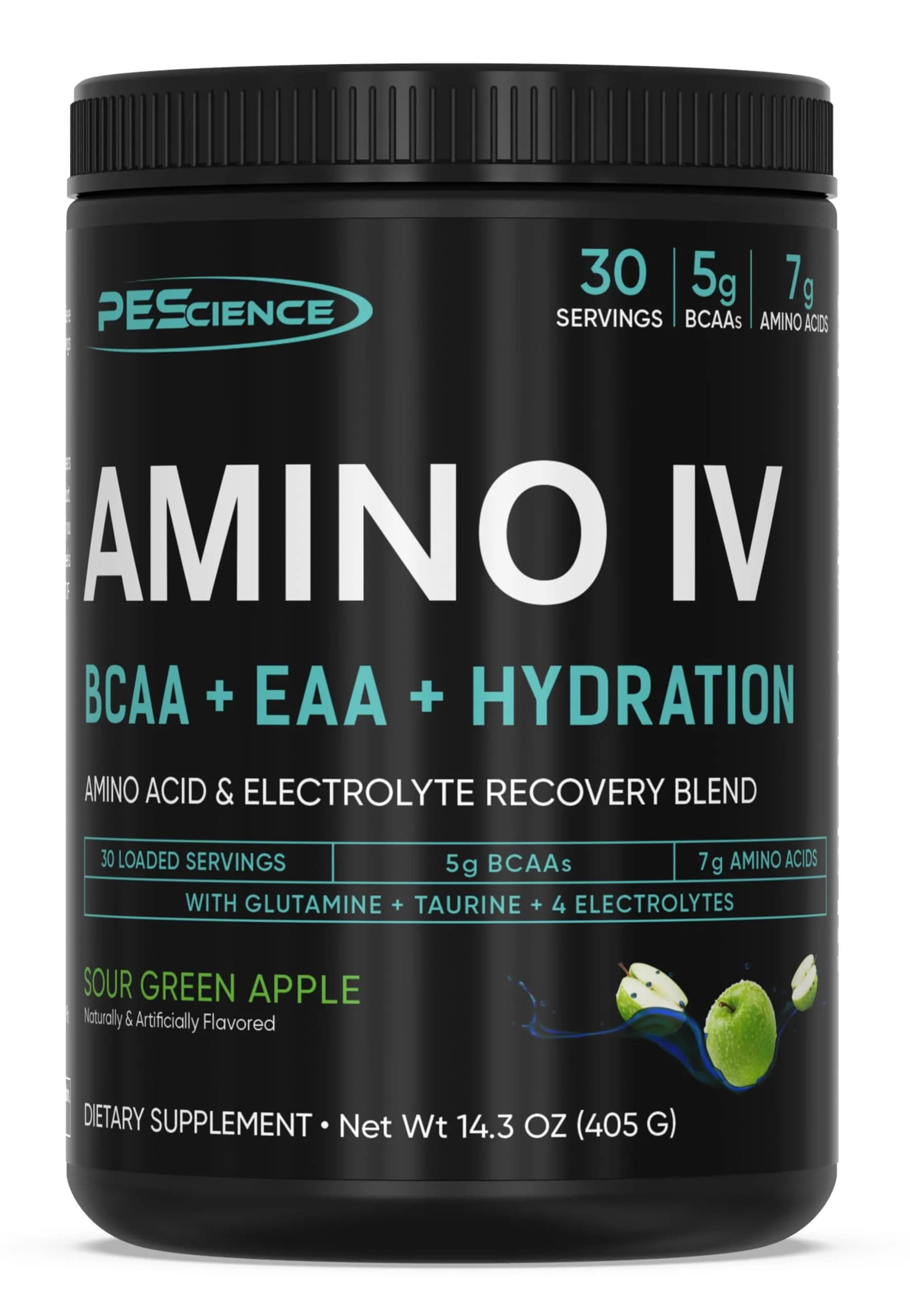 PEScience Amino IV BCAA & EAA Powder, Sour Green Apple, 30 Servings | High Leucine Content for Muscle Synthesis - main product image