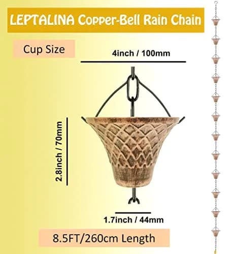 LEPTALINA 8.5FT Bell Iron Rain Chain with Adapter, Copper | Decorative Gutter Water Feature thumbnail 3