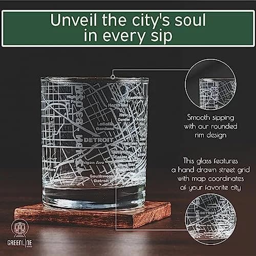Greenline Goods Detroit Map Etched Whiskey Glasses - 355ml (12 Fl Oz) Set of 2 | Authentic USA Import for Cocktail Lovers thumbnail 4