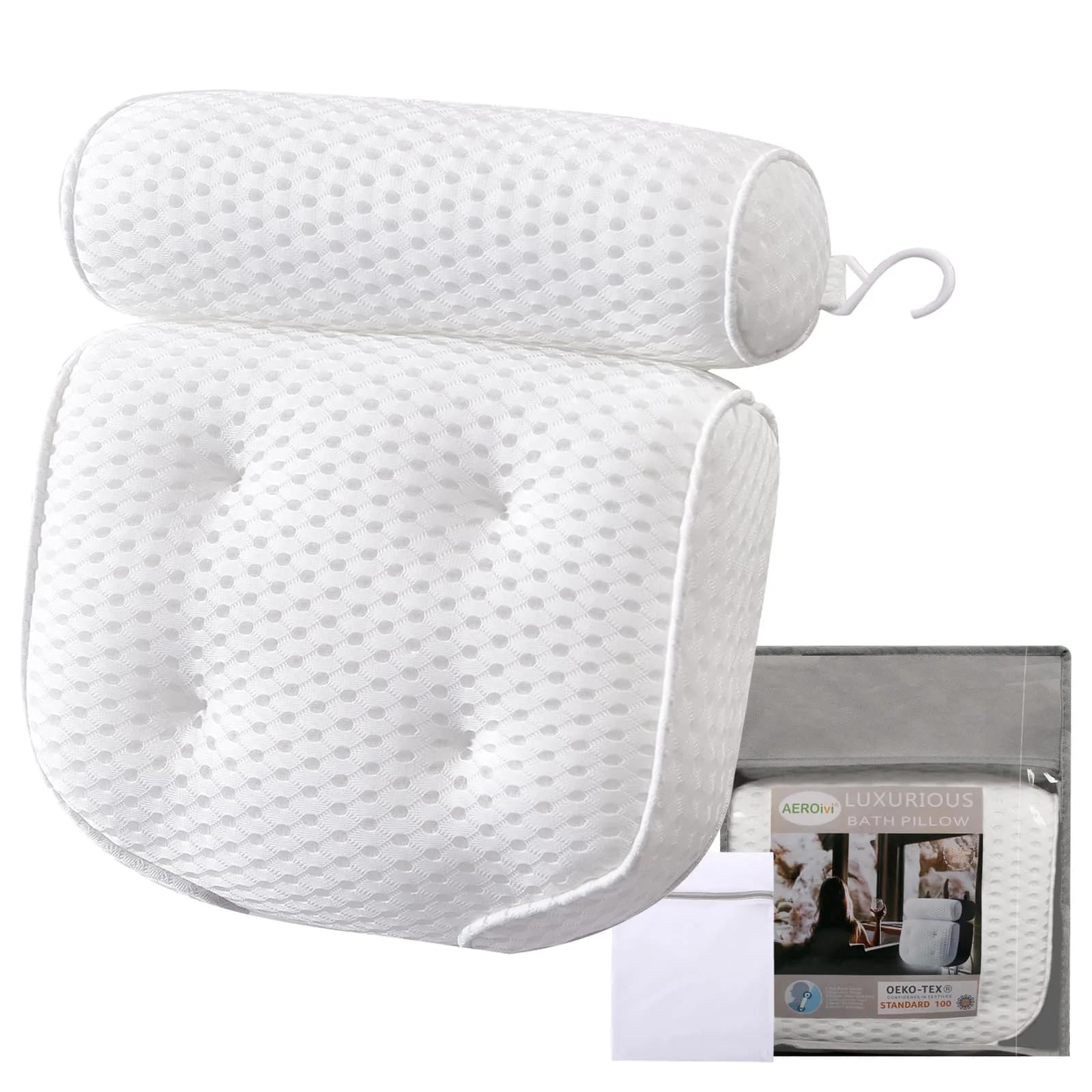 AEROiVi Luxury Bath Pillow for Tub | Soft Mesh Head and Neck Support with 6 Strong Suction Cups, White (1 Count) - main product image