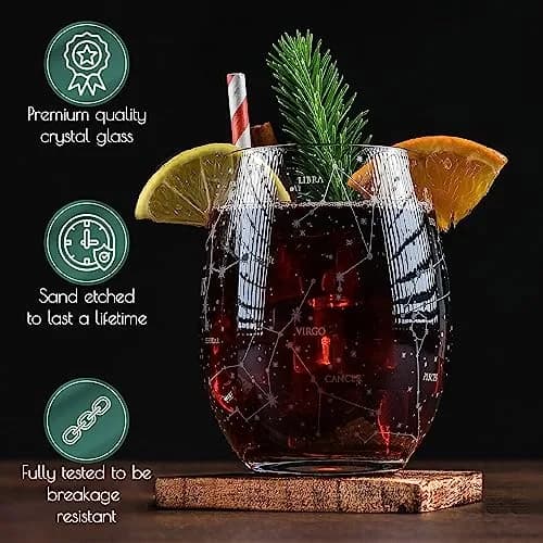 Greenline Goods Sagittarius Zodiac Stemless Wine Glasses 15 oz | Hand Etched Astrology Sign thumbnail 4